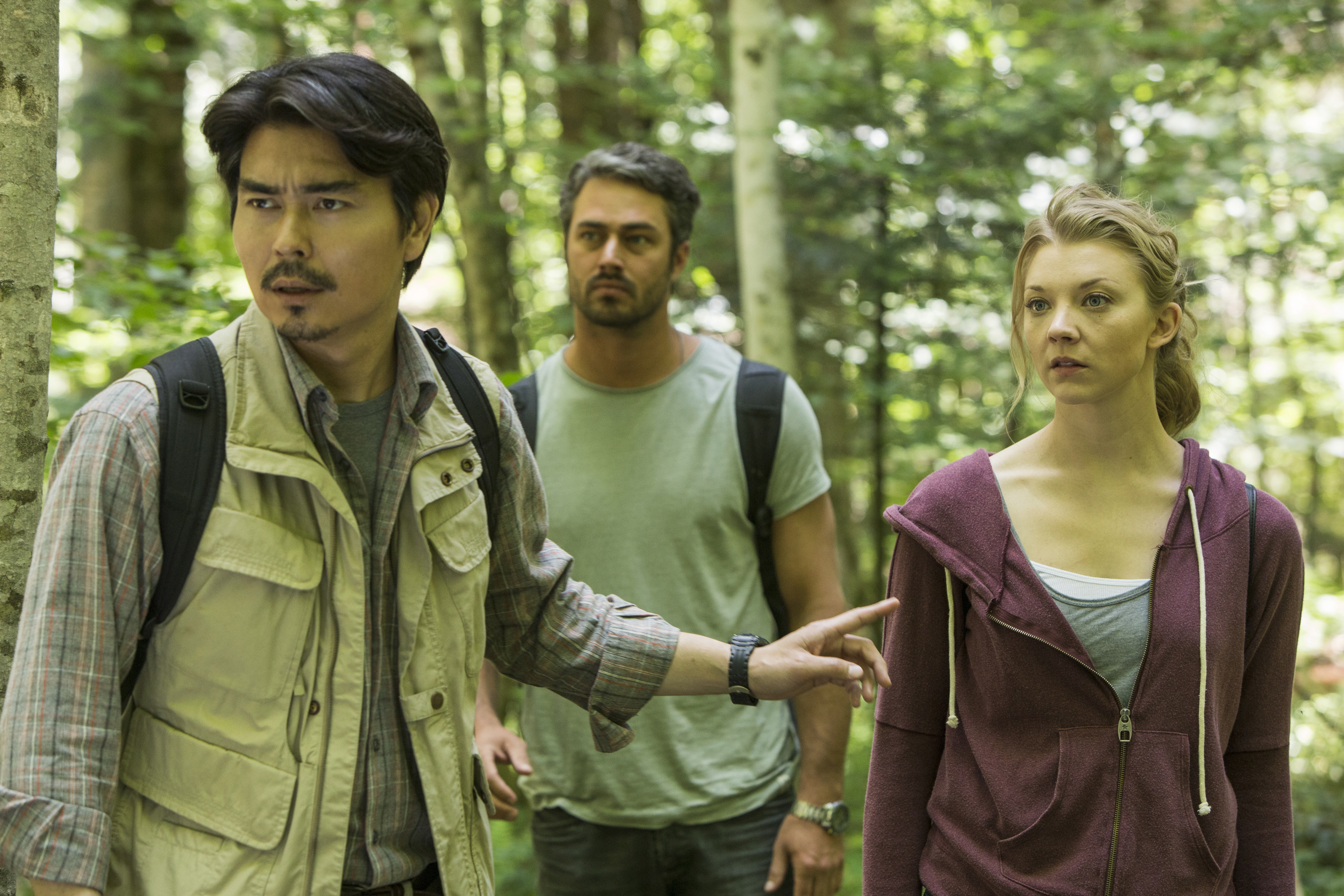 (L to R) Yukiyoshi Ozawa as Michi, Taylor Kinney as Aiden and Natalie Dormer as Sara Price in Jason Zada’s THE FOREST, a Gramercy Pictures release. Credit : James Dittiger / Gramercy Pictures